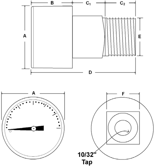 1" MINI BOURDON TUBE GAUGE DIMENSIONS